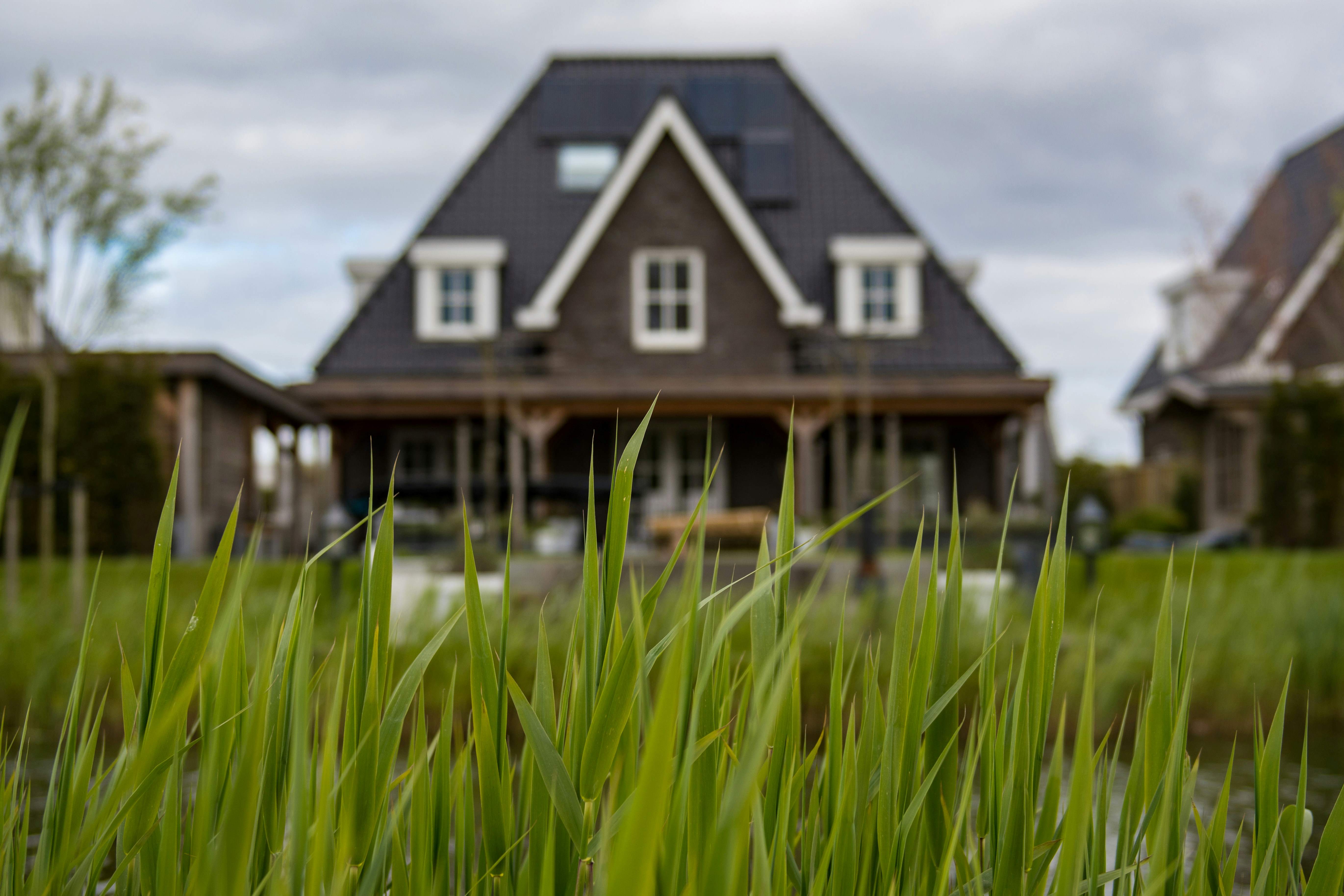 Image shows house with grass in foreground